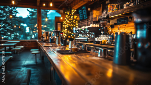 cozy coffee shop interior featuring wooden bar, warm lighting, and festive decorations. inviting atmosphere is perfect for relaxation and socializing