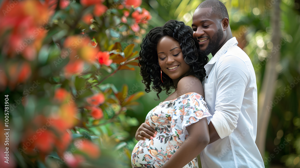 Happy couple posing outdoors with the mother holding her baby bump, smiling and looking excited. Happy couple posing outdoors with the mother holding her baby bump, smiling and looking excited.