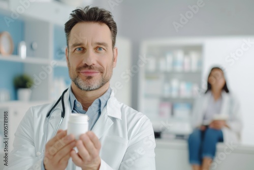 Smiling pharmacist holding a pill bottle in a modern clinic setting.