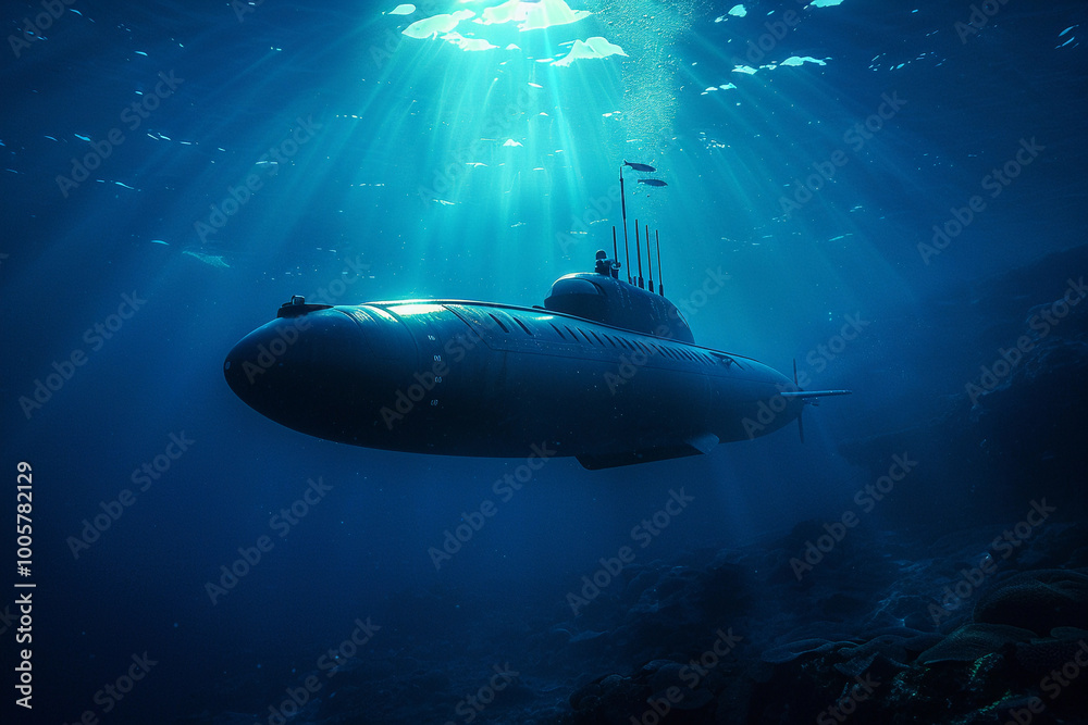 Beautiful large submarine floating in middle of ocean during mission Beautiful large submarine floating in middle of ocean during mission