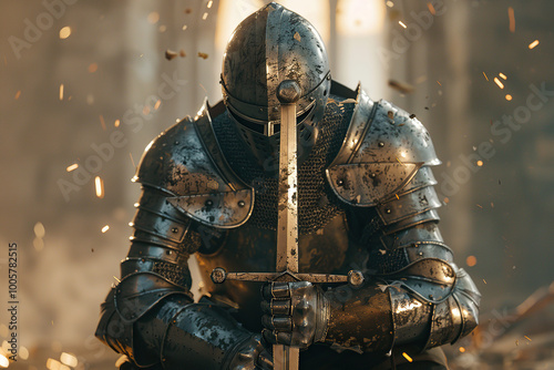 A fantastic royal knight in armor guards the castle chambers