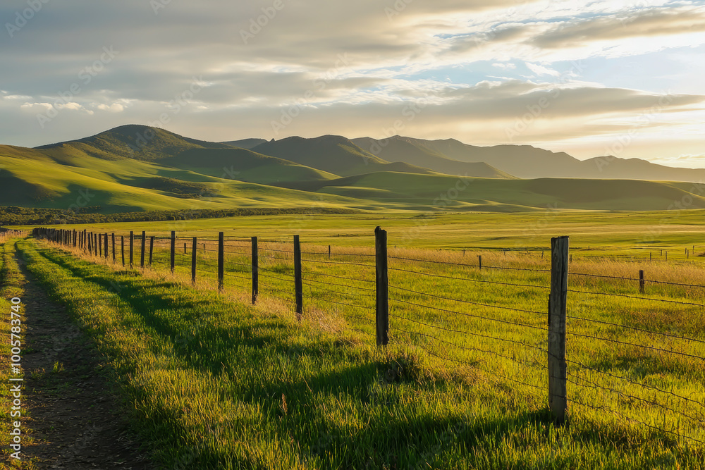 Fototapeta premium A long, narrow road runs through a grassy field. The road is surrounded by a fence and the grass is tall and green. The sky is cloudy and the sun is setting, casting a warm glow over the landscape