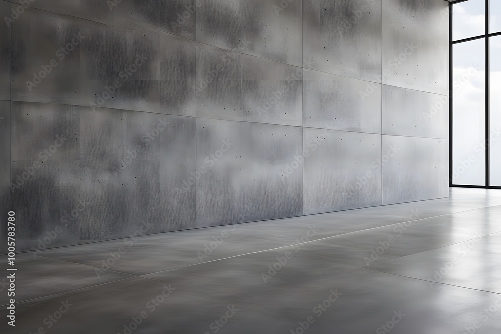 Smooth modern concrete wall with slight texture divided from the glossy floor by a bold black line, AI Generated