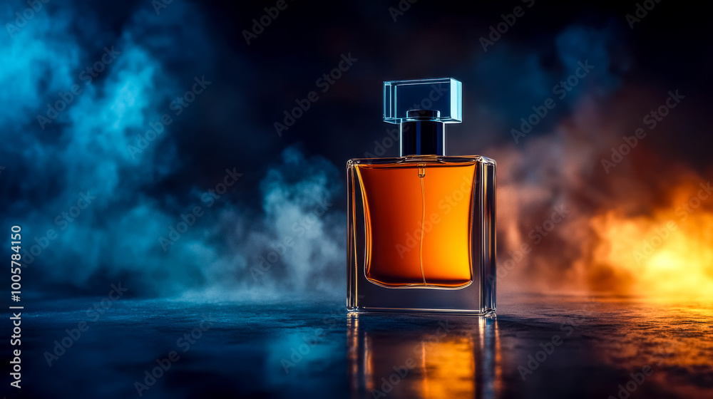 Elegant perfume bottle standing on reflective surface with smoke Elegant perfume bottle standing on reflective surface with smoke