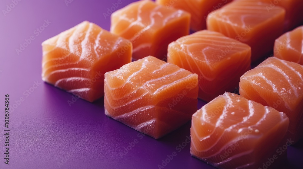 Close-up of salmon cubes arranged neatly on a purple surface, focusing on their fresh and raw quality Close-up of salmon cubes arranged neatly on a purple surface, focusing on their fresh and raw quality