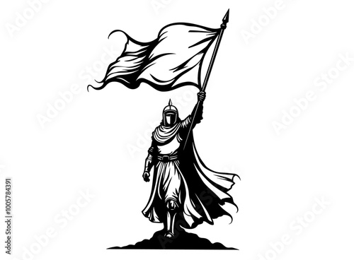 Abstract silhouette minimal illustration for an Arabian man raising a blank flag template colouring page design