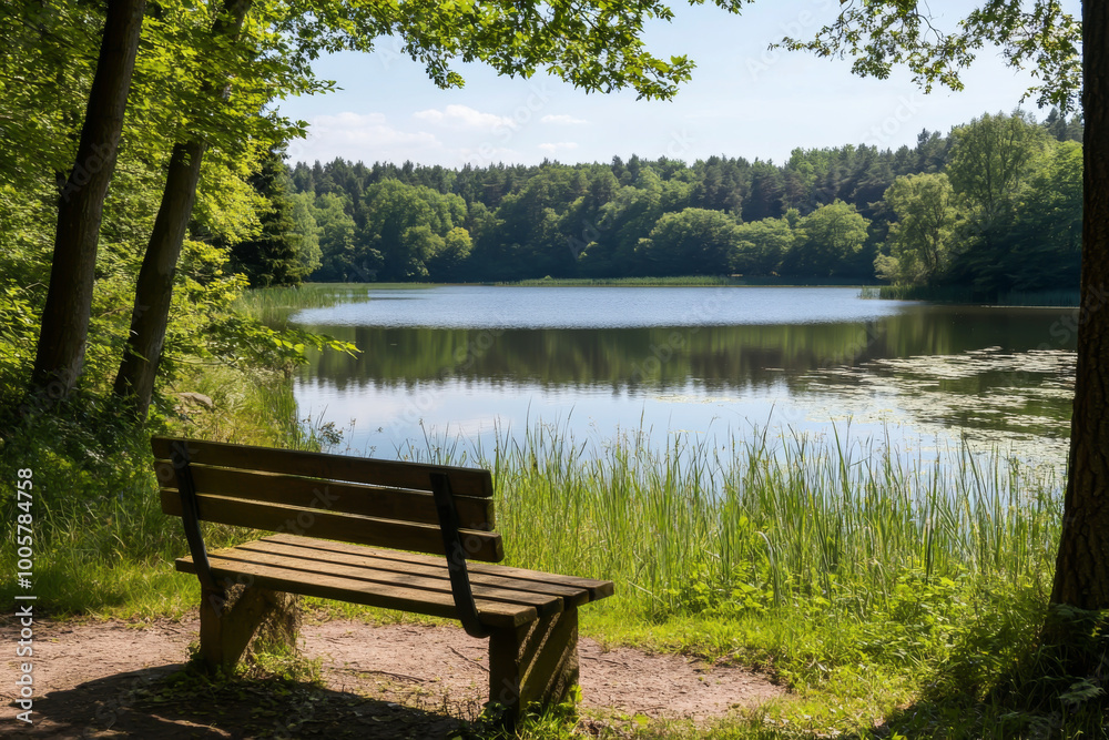 A wooden bench is placed by a lake, with trees in the background. The scene is peaceful and serene, with the water reflecting the surrounding trees and the sky. The bench is empty A wooden bench is placed by a lake, with trees in the background. The scene is peaceful and serene, with the water reflecting the surrounding trees and the sky. The bench is empty