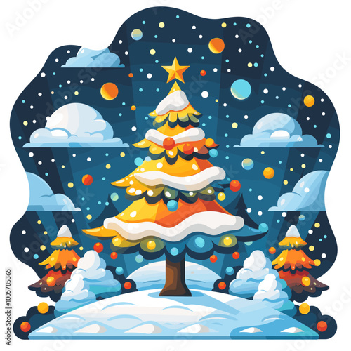 A Christmas tree with a star on top and a red and gold box on the bottom. The tree is surrounded by many small balls, and there are two more boxes in the background. The image conveys a festive