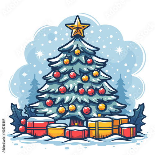 A Christmas tree with a star on top and a red and gold box on the bottom. The tree is surrounded by many small balls, and there are two more boxes in the background. The image conveys a festive