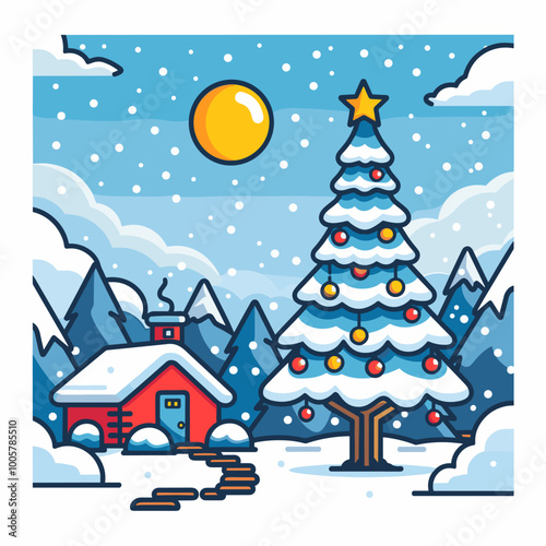 A Christmas tree with a star on top and a red and gold box on the bottom. The tree is surrounded by many small balls, and there are two more boxes in the background. The image conveys a festive