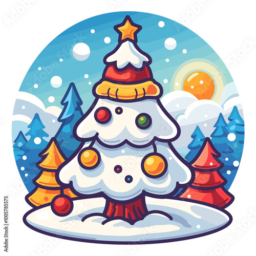 A Christmas tree with a star on top and a red and gold box on the bottom. The tree is surrounded by many small balls, and there are two more boxes in the background. The image conveys a festive