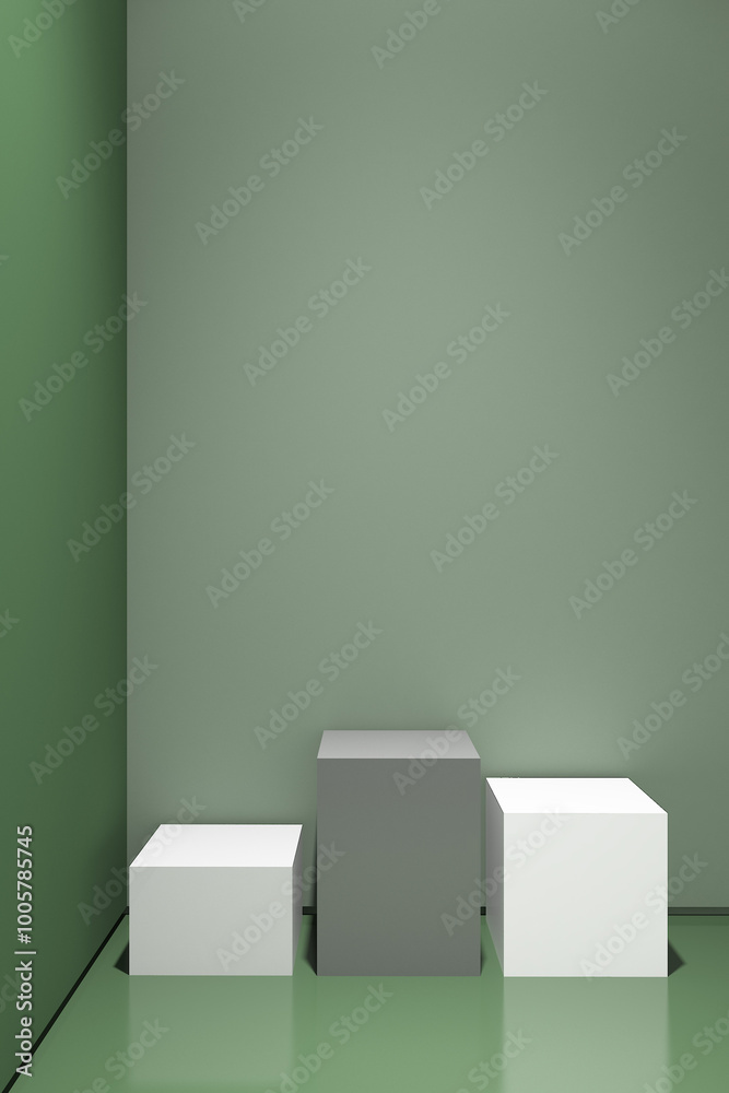 3d render of minimal design podium product mock up in green color background. Set 1 3d render of minimal design podium product mock up in green color background. Set 1