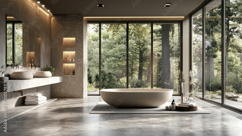 Fototapeta premium Contemporary bathroom design with a central bathtub, expansive windows, and raw stone finishes creating an airy, elegant feel.