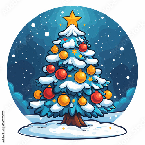 A Christmas tree with a star on top and a red and gold box on the bottom. The tree is surrounded by many small balls, and there are two more boxes in the background. The image conveys a festive