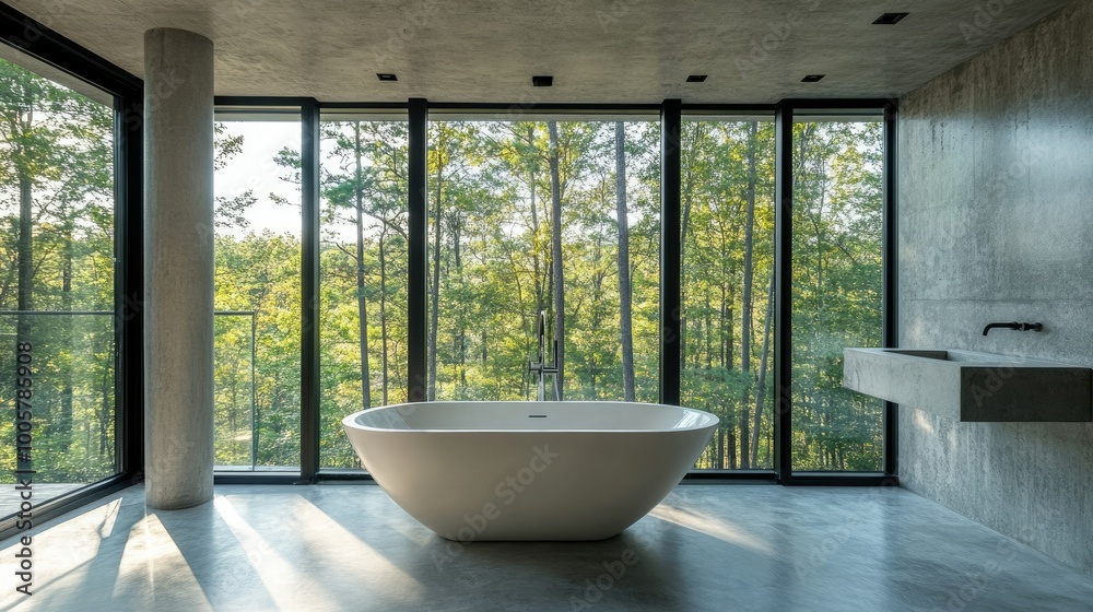 Contemporary bathroom with a freestanding tub, raw concrete finishes, and panoramic windows overlooking a tranquil forest. Contemporary bathroom with a freestanding tub, raw concrete finishes, and panoramic windows overlooking a tranquil forest.