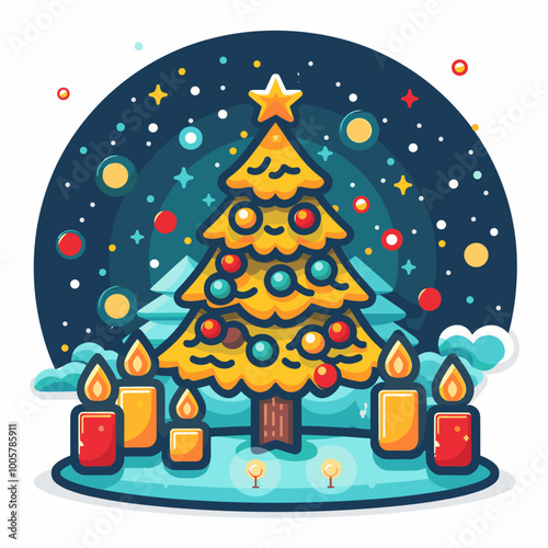 A Christmas tree with a star on top and a red and gold box on the bottom. The tree is surrounded by many small balls, and there are two more boxes in the background. The image conveys a festive