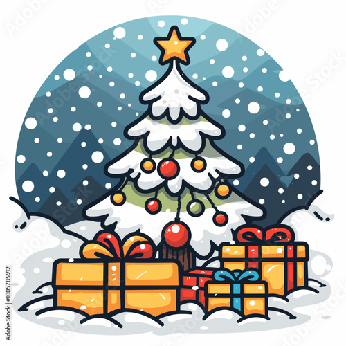 A Christmas tree with a star on top and a red and gold box on the bottom. The tree is surrounded by many small balls, and there are two more boxes in the background. The image conveys a festive