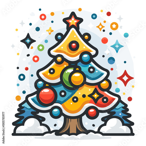 A Christmas tree with a star on top and a red and gold box on the bottom. The tree is surrounded by many small balls, and there are two more boxes in the background. The image conveys a festive