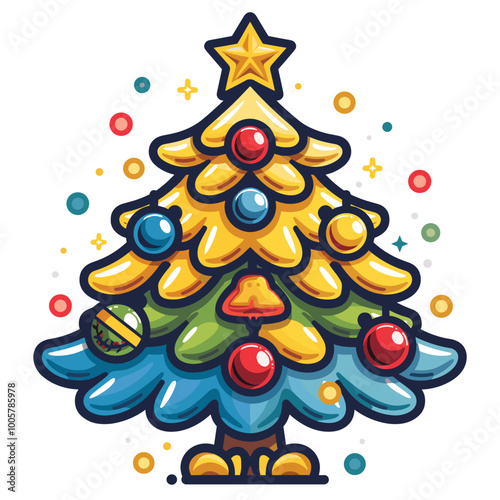 A Christmas tree with a star on top and a red and gold box on the bottom. The tree is surrounded by many small balls, and there are two more boxes in the background. The image conveys a festive