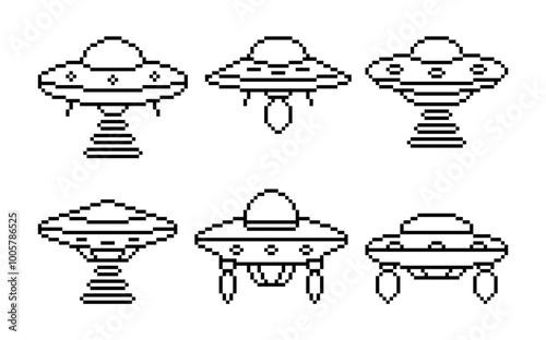 Set of UFO in Pixel Art. Flying saucers vector illustration