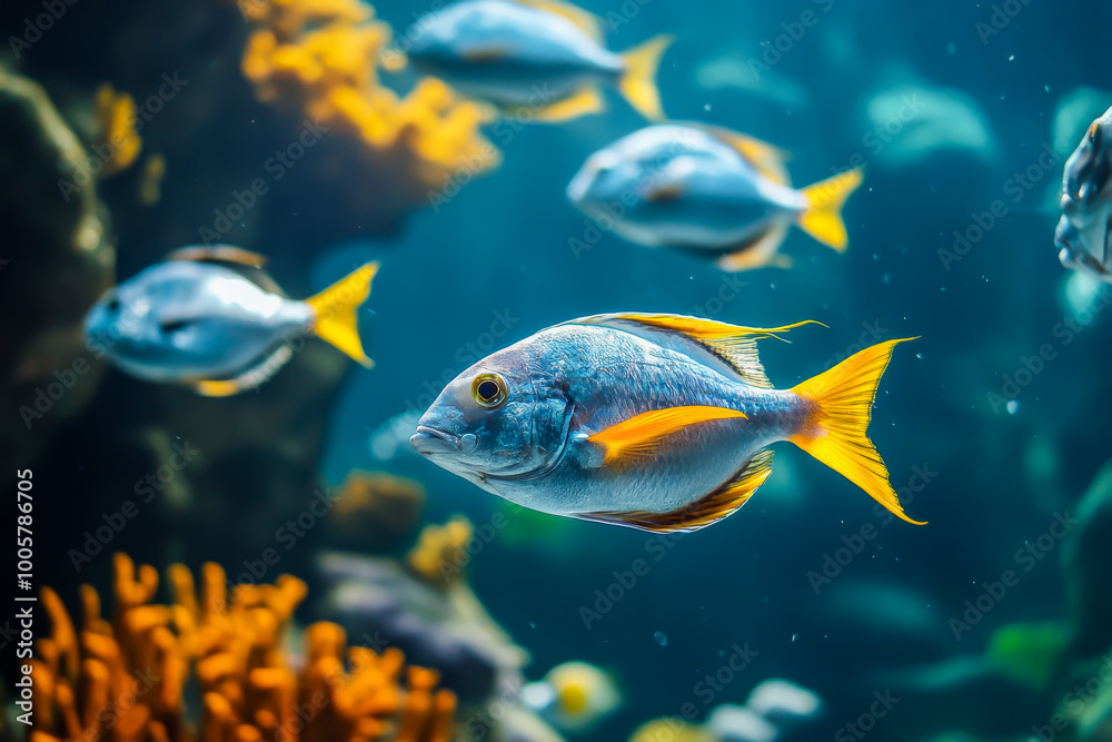 A blue and yellow fish swims in a tank with other fish. The fish is the center of attention and he is the most colorful A blue and yellow fish swims in a tank with other fish. The fish is the center of attention and he is the most colorful