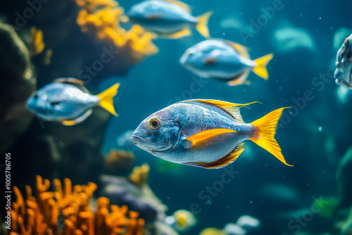 A blue and yellow fish swims in a tank with other fish. The fish is the center of attention and he is the most colorful