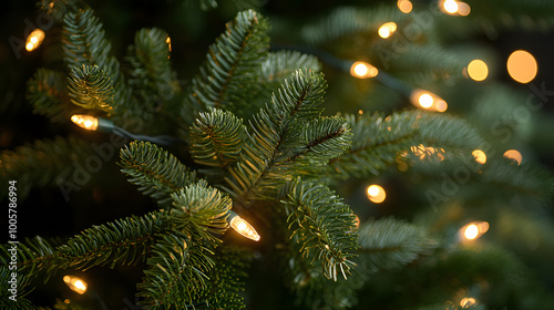 Close up view of Christmas tree branch adorned with warm white lights, creating cozy and festive atmosphere. lush green needles contrast beautifully with soft glow of lights