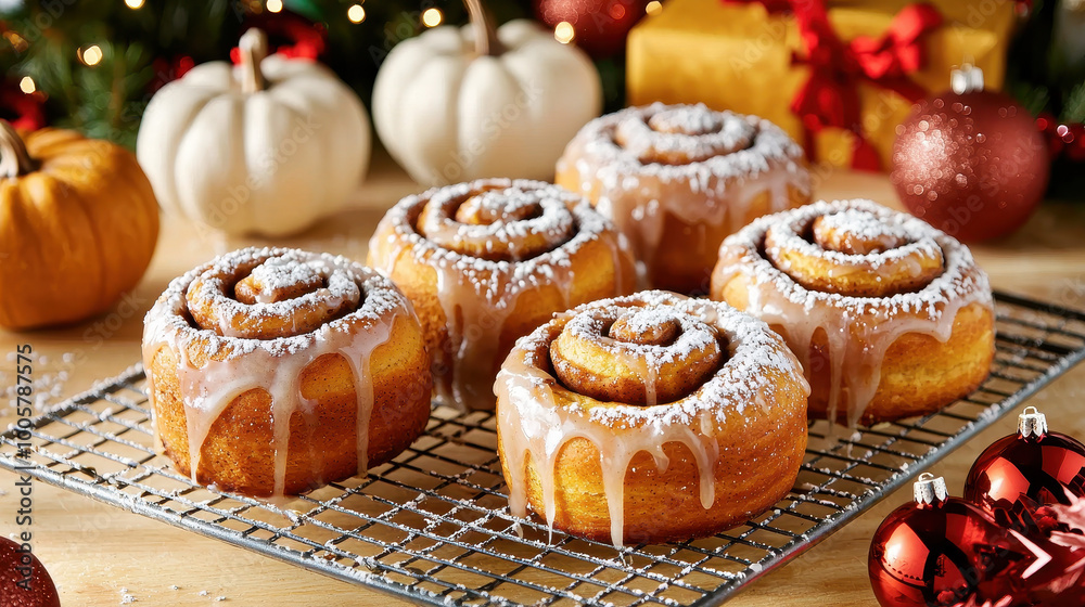 Festive cinnamon rolls with glaze and powdered sugar resting on a cooling rack, surrounded by holiday decorations and pumpkins Festive cinnamon rolls with glaze and powdered sugar resting on a cooling rack, surrounded by holiday decorations and pumpkins