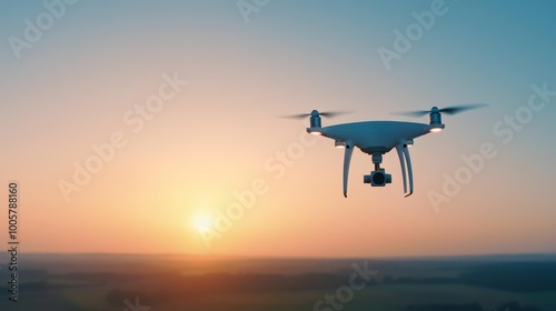 Drone flying over a scenic landscape at sunset with vibrant sky colors.