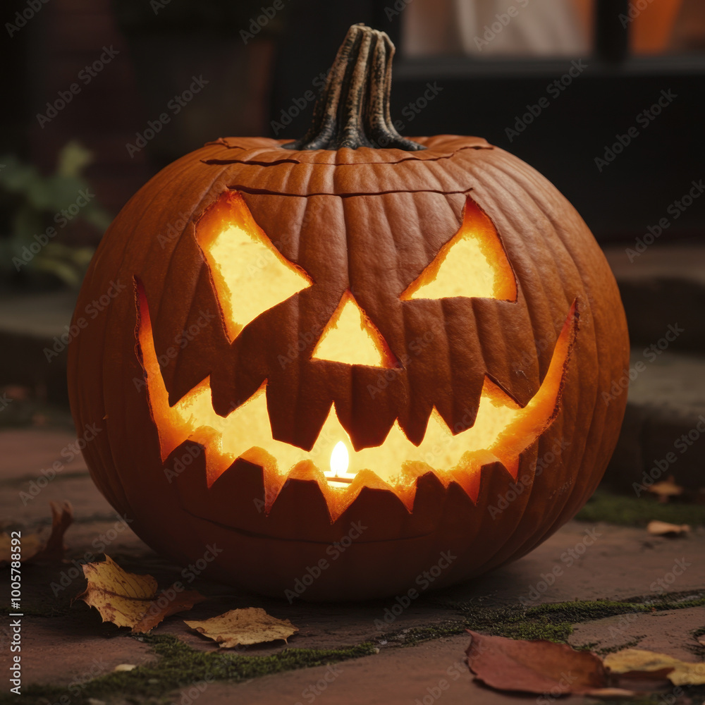 carved pumpkin with spooky face, glowing warmly from within, sits on stone pathway surrounded by autumn leaves, creating festive Halloween atmosphere carved pumpkin with spooky face, glowing warmly from within, sits on stone pathway surrounded by autumn leaves, creating festive Halloween atmosphere