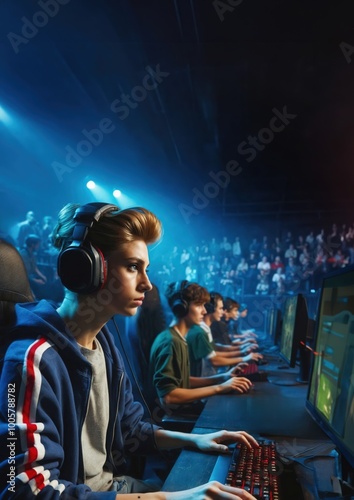 team of young gamers in a torunament of e-sports, photo realistic illustration photo