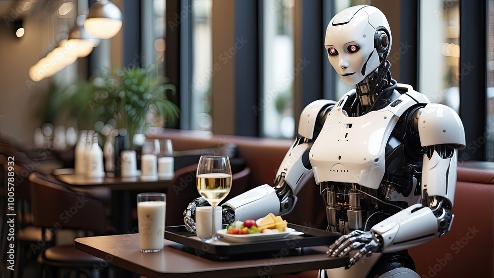 Humanoid robot waiter with a tray of food and drinks in a restaurant, symbolizing AI's future role in staff replacement. Humanoid robot waiter with a tray of food and drinks in a restaurant, symbolizing AI's future role in staff replacement.