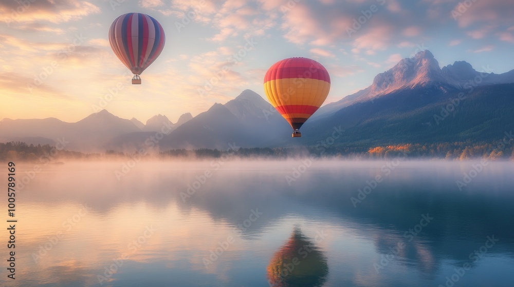 Obraz premium Hot air balloons floating over the calm waters of a serene lake with mountain peaks in the distance