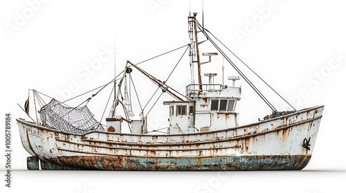 A rusty, timeworn fishing boat rests alone, framed by a white background.