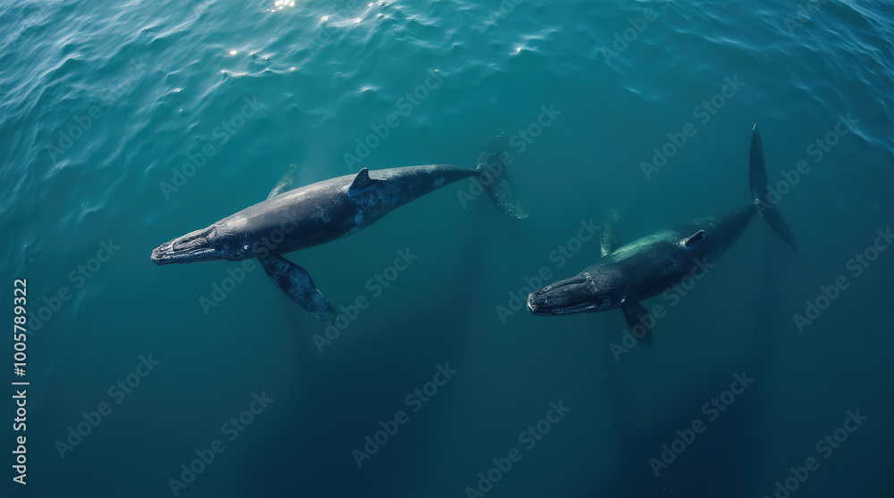 Fototapeta premium Stunning Aerial Drone Photo of Whales in the Ocean – Captivating Wildlife and Marine Mammal Photography
