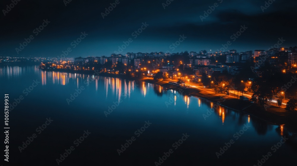 Fototapeta premium city at night, reflected in the glassy surface of a calm river