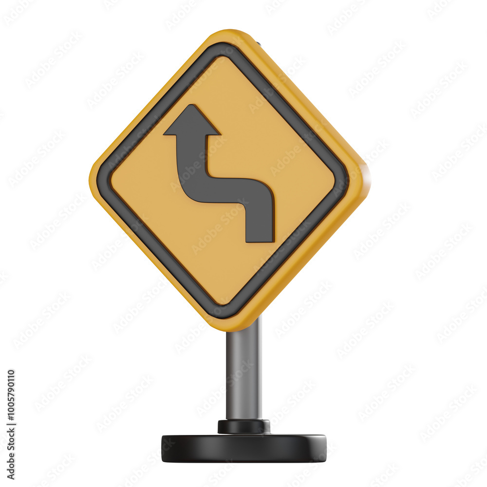 Warning Sign 3D Illustration, Dangerous Turn Traffic Icon Warning Sign 3D Illustration, Dangerous Turn Traffic Icon