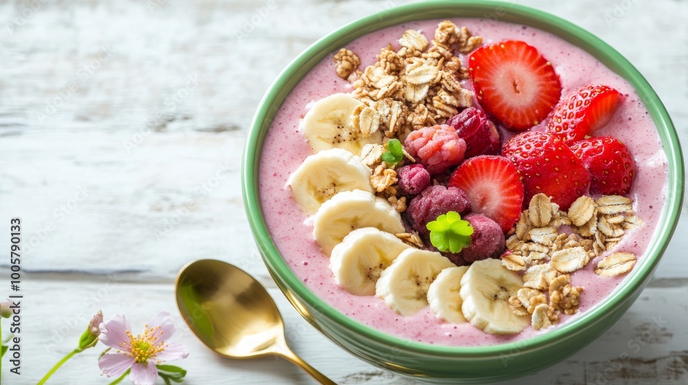 A smoothie bowl filled with strawberries, banana slices, granola, and nuts. A smoothie bowl filled with strawberries, banana slices, granola, and nuts.
