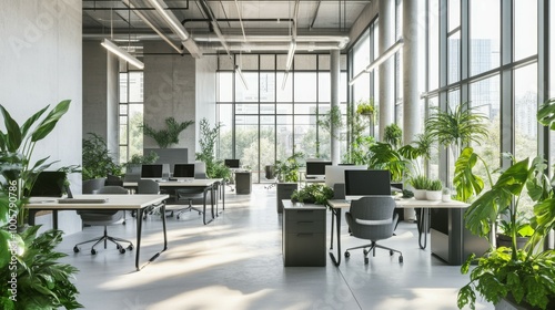 A modern open-plan office with sleek desks, ergonomic chairs, and large windows letting in plenty of natural light. Green indoor plants and minimalistic décor create a calm and productive atmosphere 