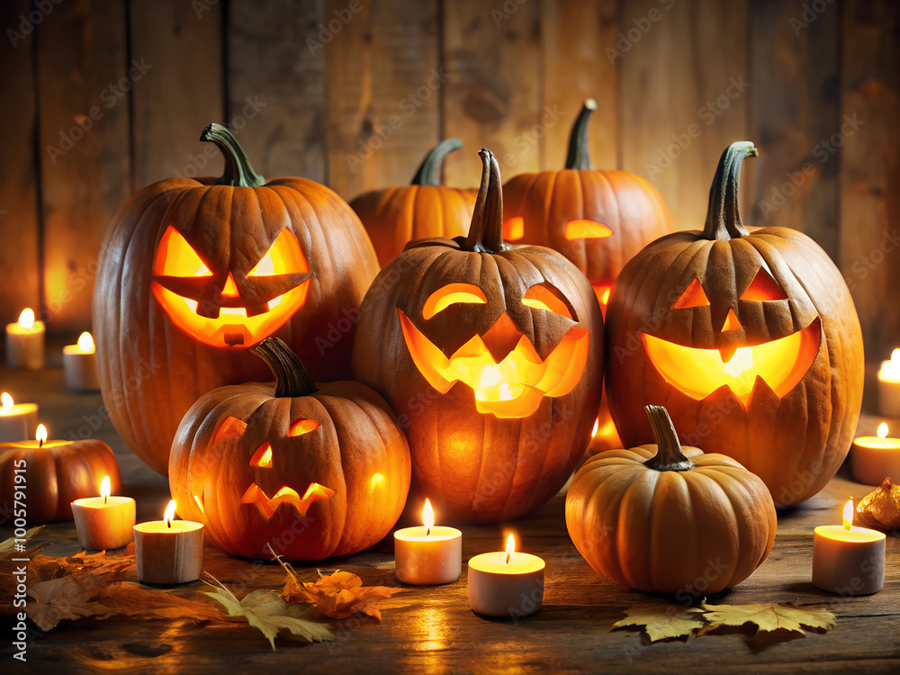 Fototapeta premium Glowing jack-o'-lantern pumpkins with candles for Halloween decor 할로윈 장식용 촛불과 함께 빛나는 잭오랜턴 호박들