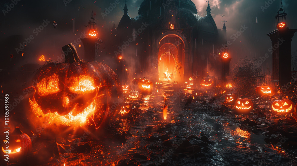 spooky Halloween scene featuring glowing jack o lanterns lining dark, misty pathway leading to eerie, illuminated archway. atmosphere is filled with sense of mystery and excitement spooky Halloween scene featuring glowing jack o lanterns lining dark, misty pathway leading to eerie, illuminated archway. atmosphere is filled with sense of mystery and excitement