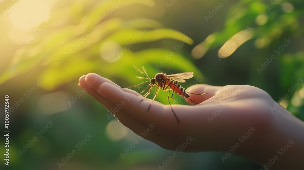 Obraz premium Aedes mosquito resting on a human hand under soft twilight