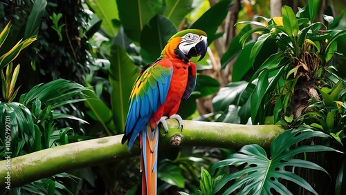 Vibrant Macaw in a Tropical Forest beautifully captures the essence of tropical wildlife, featuring a colorful macaw perched on a lush green tree branch, surrounded by the vibrant foliage of a forest