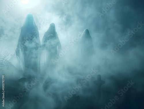 Phantom figures glide through foggy graveyard, surrounded by tombstones, in a hauntingly beautiful scene. photo