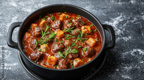 A delicious beef stew with vegetables in a pot on a dark textured surface.