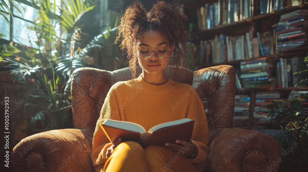 A woman reading a book in a cozy, plant-filled space with warm lighting.