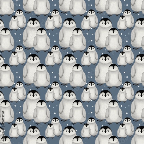 New Year's Eve penguin pattern featuring playful penguins on a winter background