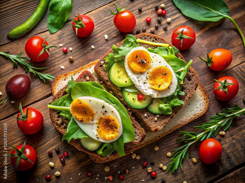 Savor a tasty avocado and egg sandwich on wholesome whole grain bread, complemented by fresh greens and plump Savor a tasty avocado and egg sandwich on wholesome whole grain bread, complemented by fresh greens and plump