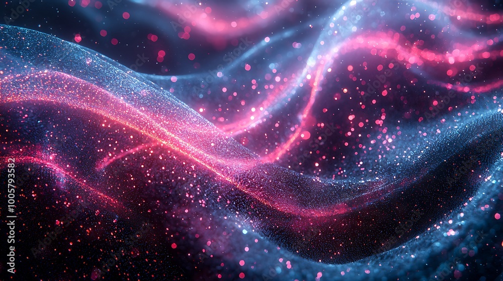 Obraz premium Glittering blue and pink waves swirl in an abstract background, shimmering with life.