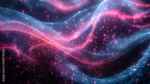 Glittering blue and pink waves swirl in an abstract background, shimmering with life.